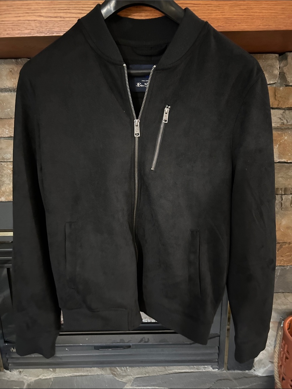 Ben Sherman Black Suede-Effect Zip-Up Bomber Sweater